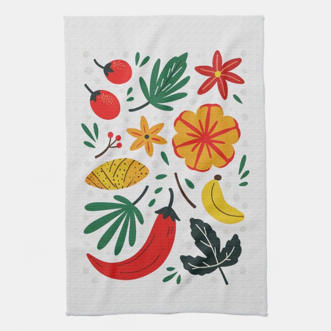 Vibrant Folk Art Tropical Fruit Chili Pepper Kitchen Towel (Vertical)