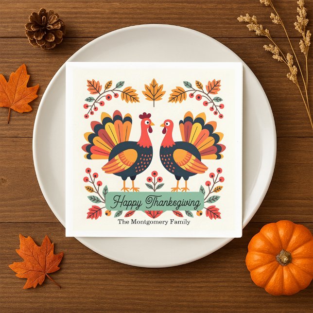 Vibrant Folk Art Turkeys Fall Leaves Thanksgiving Napkins (Creator Uploaded)