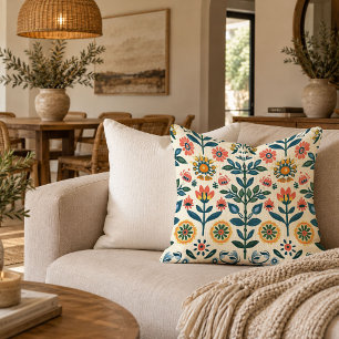 Vibrant Folk Flowers Decorative Accent Pillow Art