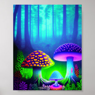 Vibrant forest dreamscape with whimsical mushrooms poster