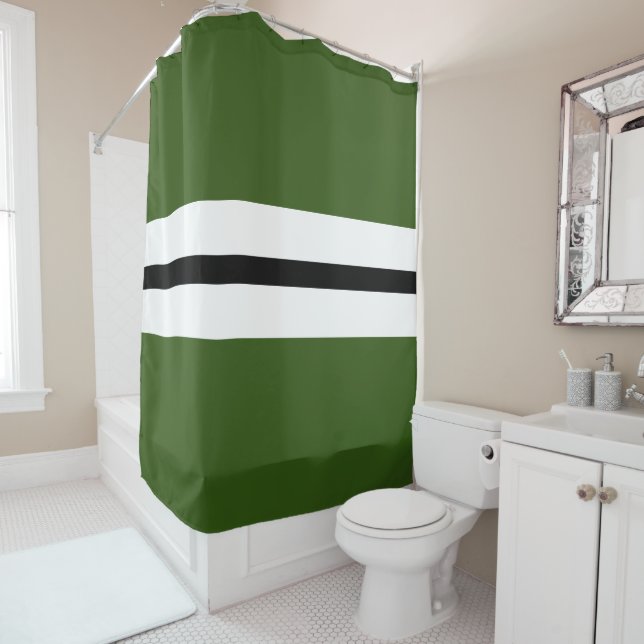 Vibrant Forest Green Black White Racing Stripes Shower Curtain (In Situ)