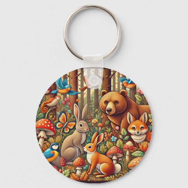 Vibrant Forest Scene Featuring Wildlife Keychain (Front)