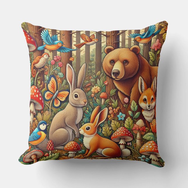 Vibrant Forest Scene Featuring Wildlife Throw Pillow (Front)
