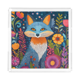 Vibrant Fox Dot Art Amidst Lush Flora Acrylic Tray