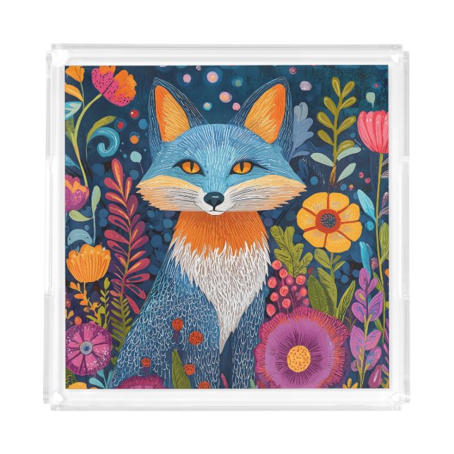 Vibrant Fox Dot Art Amidst Lush Flora Acrylic Tray (Front)