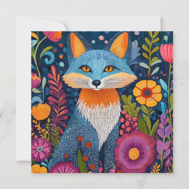 Vibrant Fox Dot Art Amidst Lush Flora Holiday Card (Front)