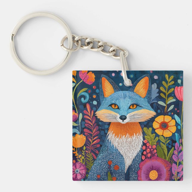 Vibrant Fox Dot Art Amidst Lush Flora Keychain (Front)