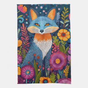 Vibrant Fox Dot Art Amidst Lush Flora Kitchen Towel