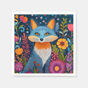 Vibrant Fox Dot Art Amidst Lush Flora Napkins