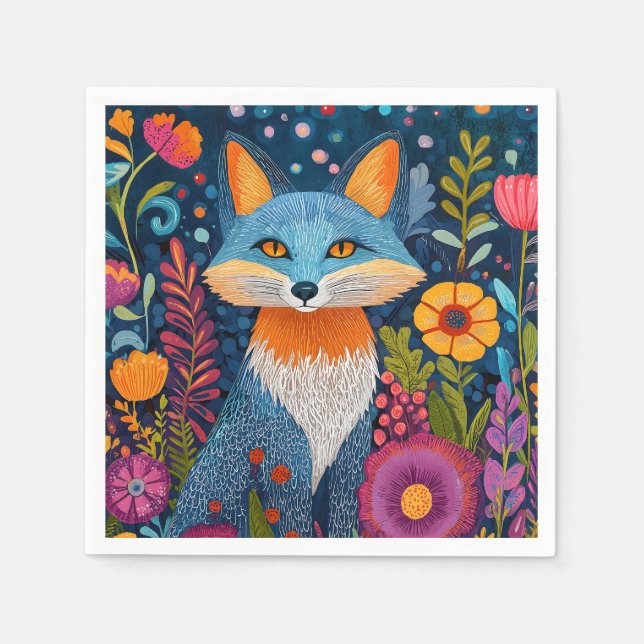 Vibrant Fox Dot Art Amidst Lush Flora Napkins (Front)