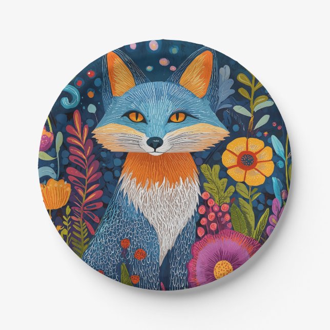 Vibrant Fox Dot Art Amidst Lush Flora Paper Plates (Front)