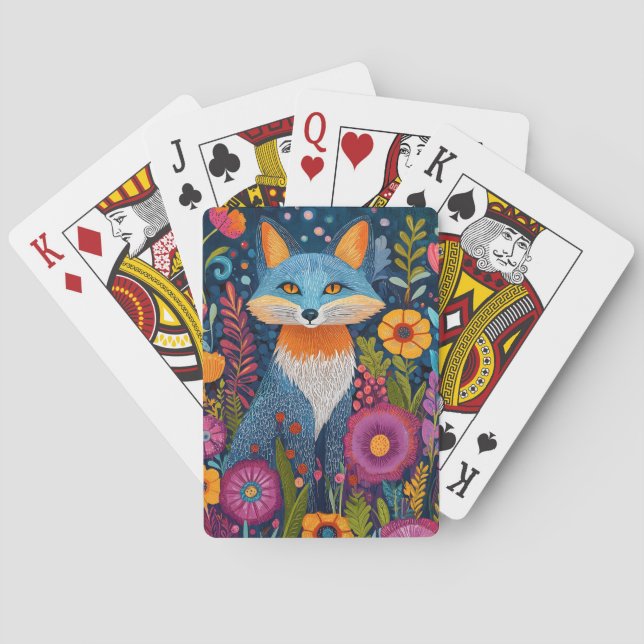 Vibrant Fox Dot Art Amidst Lush Flora Poker Cards (Back)