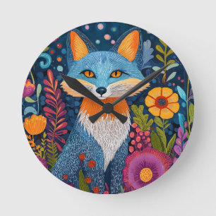 Vibrant Fox Dot Art Amidst Lush Flora Round Clock