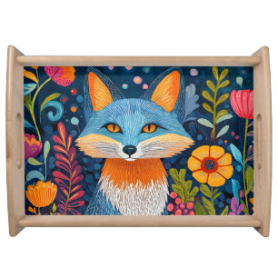 Vibrant Fox Dot Art Amidst Lush Flora Serving Tray