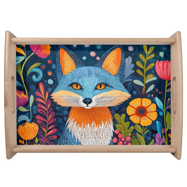 Vibrant Fox Dot Art Amidst Lush Flora Serving Tray (Front)