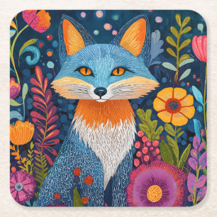 Vibrant Fox Dot Art Amidst Lush Flora Square Paper Coaster