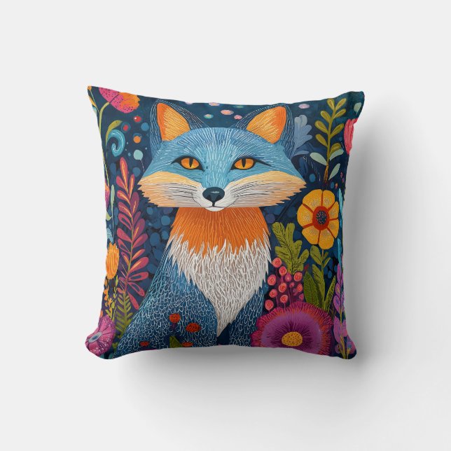 Vibrant Fox Dot Art Amidst Lush Flora Throw Pillow (Front)