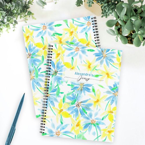 Vibrant Fresh Blue and Yellow Watercolor Flowers Notebook