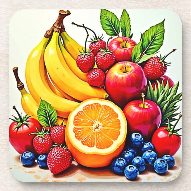 Vibrant Fresh Fruit Delight Design Beverage Coaster (Front)