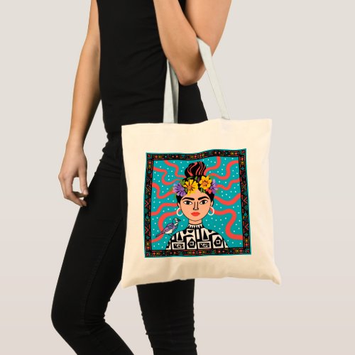 Vibrant Frida Inspired Folk Art Tote Bag