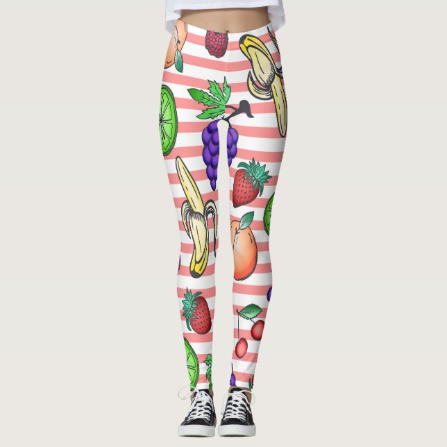Vibrant Fruit Cocktail Illustrations on Stripes Leggings (Front)