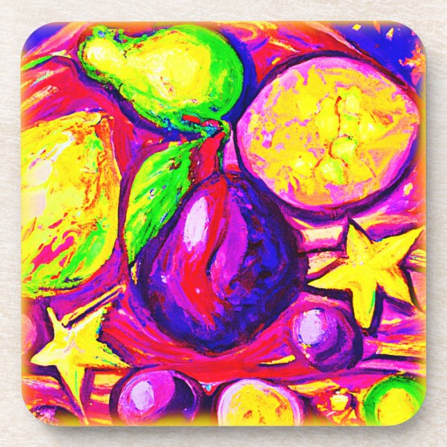 Vibrant Fruits and Stars. Buy Now Beverage Coaster (Front)