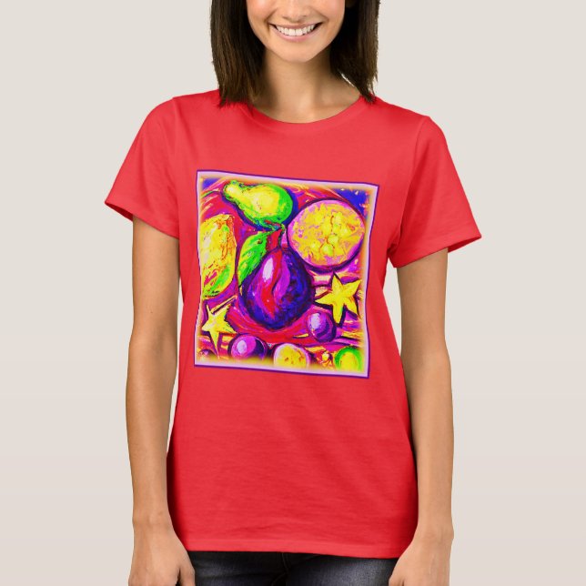 Vibrant Fruits and Stars. Buy Now T-Shirt (Front)
