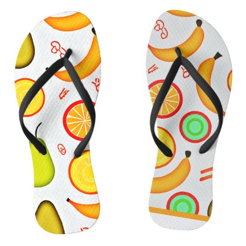 Vibrant Fruity Kaleidoscope Pattern Flip Flops