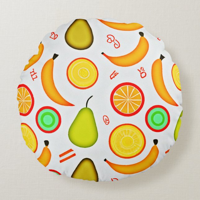 Vibrant Fruity Kaleidoscope Pattern Round Pillow (Front)