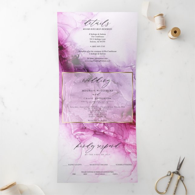 Vibrant Fuchsia Abstract Ink Wedding Tri-Fold Invitation (Inside)