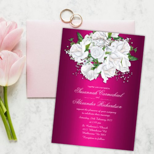 Vibrant Fuchsia Pink Boho Roses Wedding  Invitation