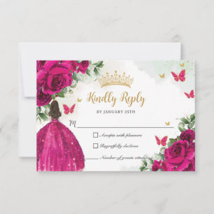 Vibrant Fuchsia Pink Floral Princess Quinceañera RSVP Card