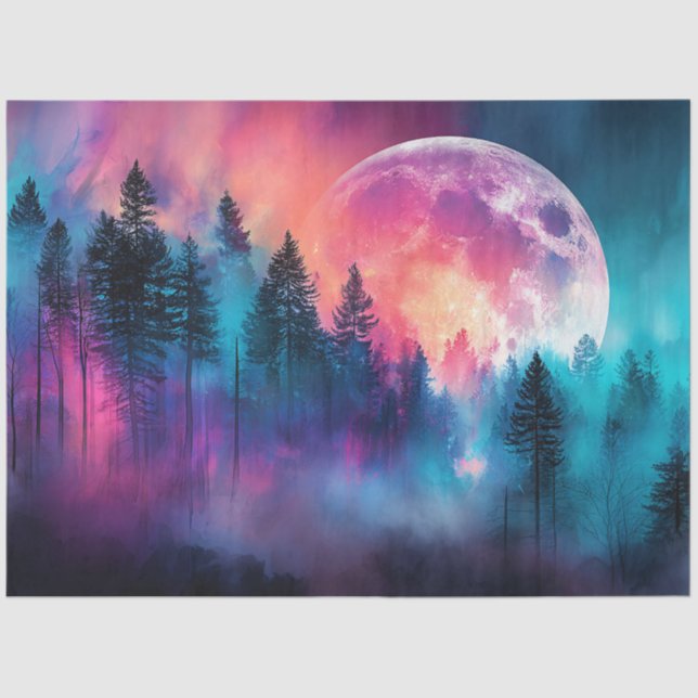 Vibrant Full Moon Rising Over a Forest Decoupage Tissue Paper (Front)