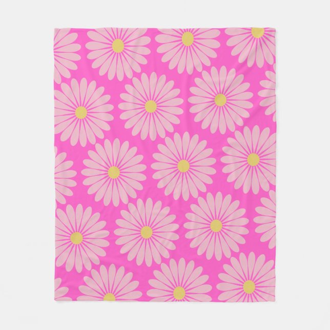 Vibrant Fun Retro Bright Pink Daisy Floral Pattern Fleece Blanket (Front)