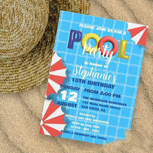 Vibrant Fun Summer Birthday Celebration Pool Party Invitation