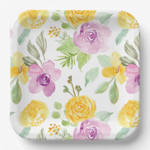 Vibrant Fun Watercolor Flower Garden Floral Girly Paper Plates