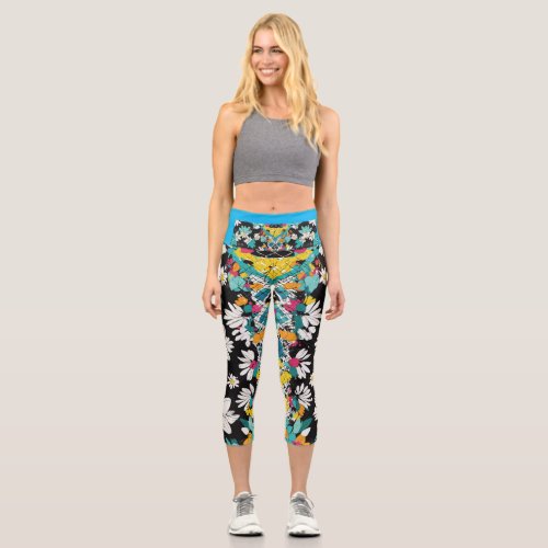 Vibrant Fusion Argyle  Daisy Floral Leggings Capri Leggings