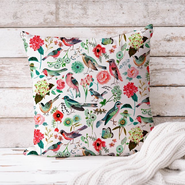Vibrant Garden Birds Floral Pattern Outdoor Pillow (Creator Uploaded)