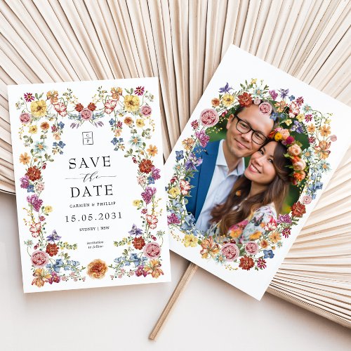 Vibrant Garden Floral Colorful Wildflower Monogram Save The Date