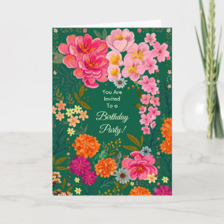 Vibrant Garden Peony & Zinnia Birthday Invitation