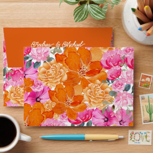 Vibrant Garden  Pink and Orange Floral Wedding Envelope