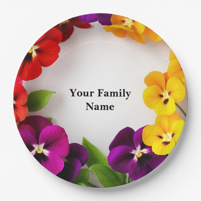 Vibrant Garden Pressed Pansy Border Paper Plates (Front)