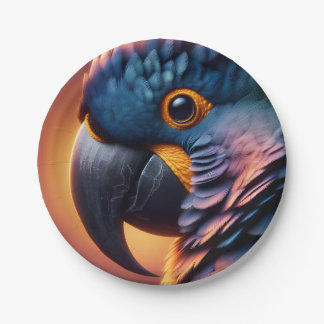 Vibrant Gaze: Macro Portrait of a Colorful Parrot Paper Plates