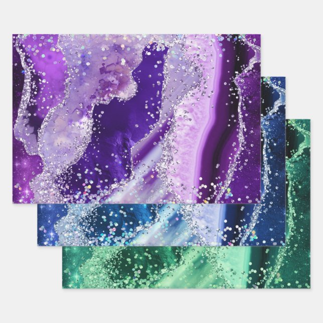 Vibrant Gemstone Marble Agate Patterns Wrapping Paper Sheets (Set)
