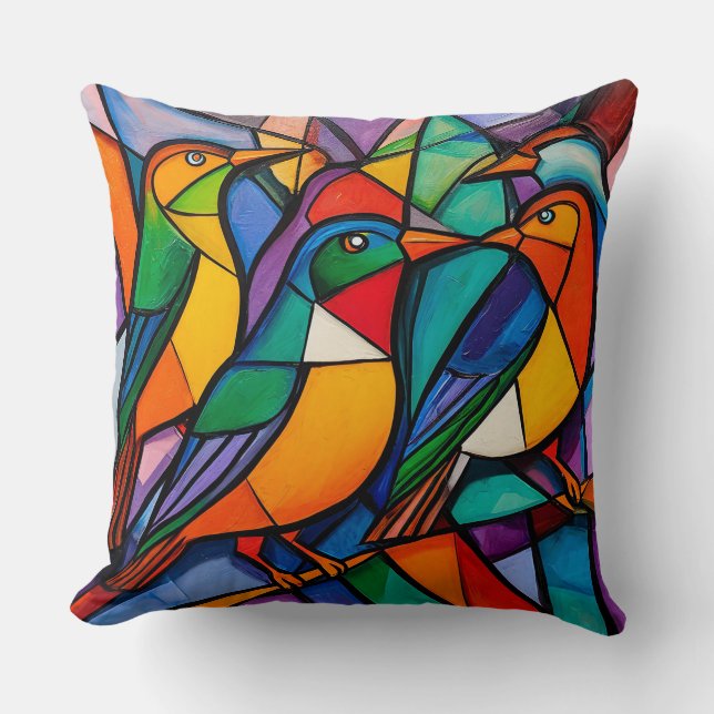 Vibrant Geometric Birds Artwork in Contemporary Throw Pillow (Front)