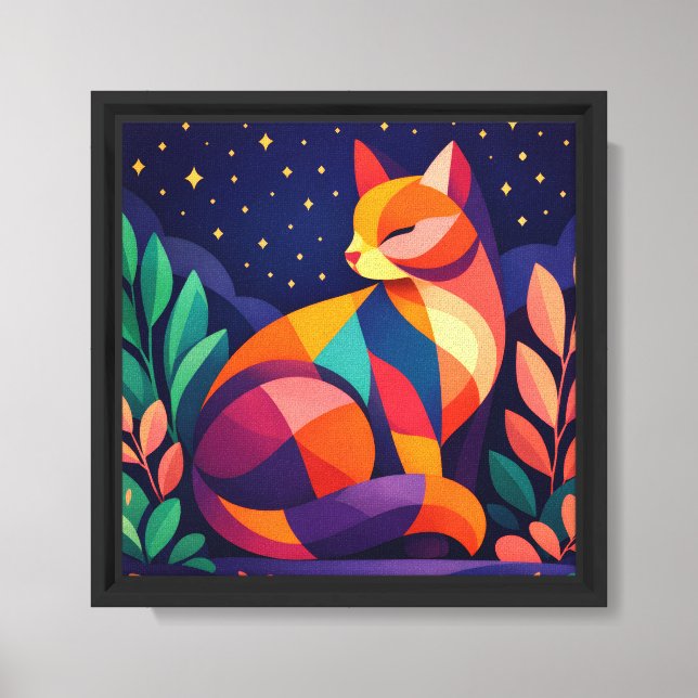 Vibrant Geometric Cat Canvas Wall Art –  (Front)