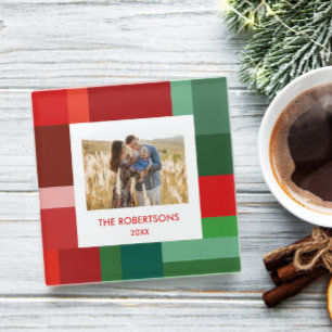 Vibrant Geometric Color Block Christmas Photo Glass Coaster