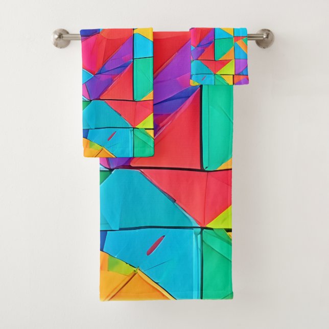 Vibrant Geometric Color Blocks Art Bath Towel Set (Insitu)