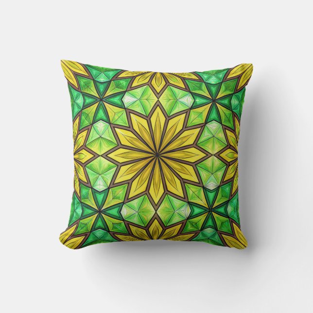 vibrant geometric floral pattern in green & yellow throw pillow (Front)