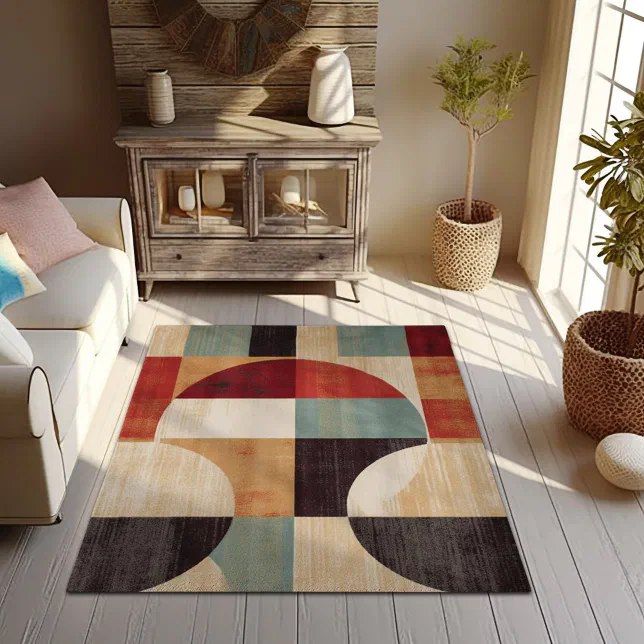 Vibrant Geometric Harmony: Cream, Orange & Green Rug
